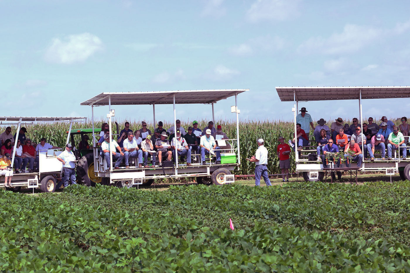 people on wagons in front of crop field
